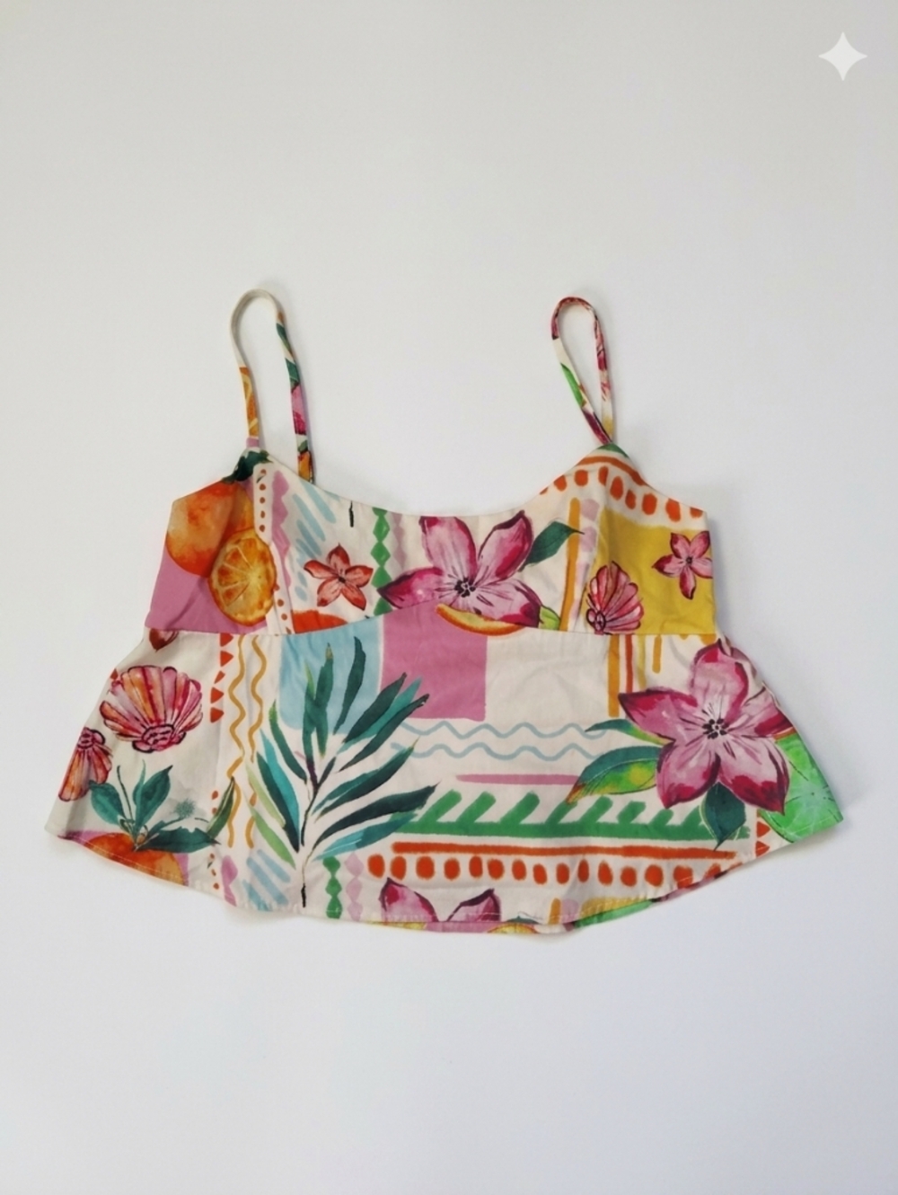 Pretty Garbage Floral Tropical Print Crop Top — Pink, Green, Yellow Large Cotton